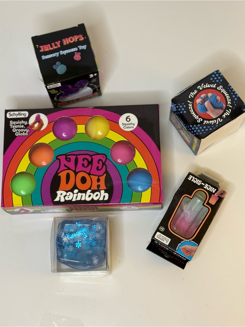 Nee Doh Rainbow Squishy , Jelly, cube, squeeze ball, nicecle Stress Toy bundle!